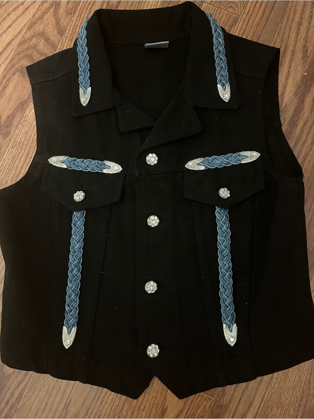 Sz S Watch LA Vintage 90’s Boho Western Black Denim Vest Rodeo